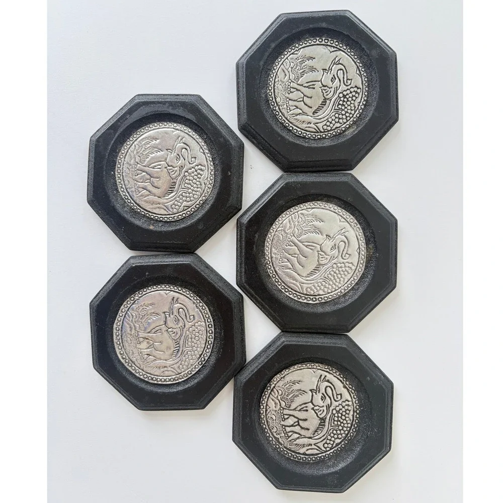 Vintage Thai Elephant Coasters Set of 5 Octagonal Black Silver Tone